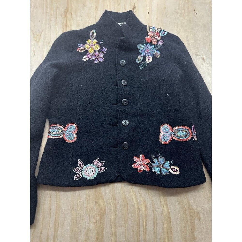 Bloomingdale’s Wool Blazer Coat Sequins Beads 12 Petite Lined Floral Black‎ VTG